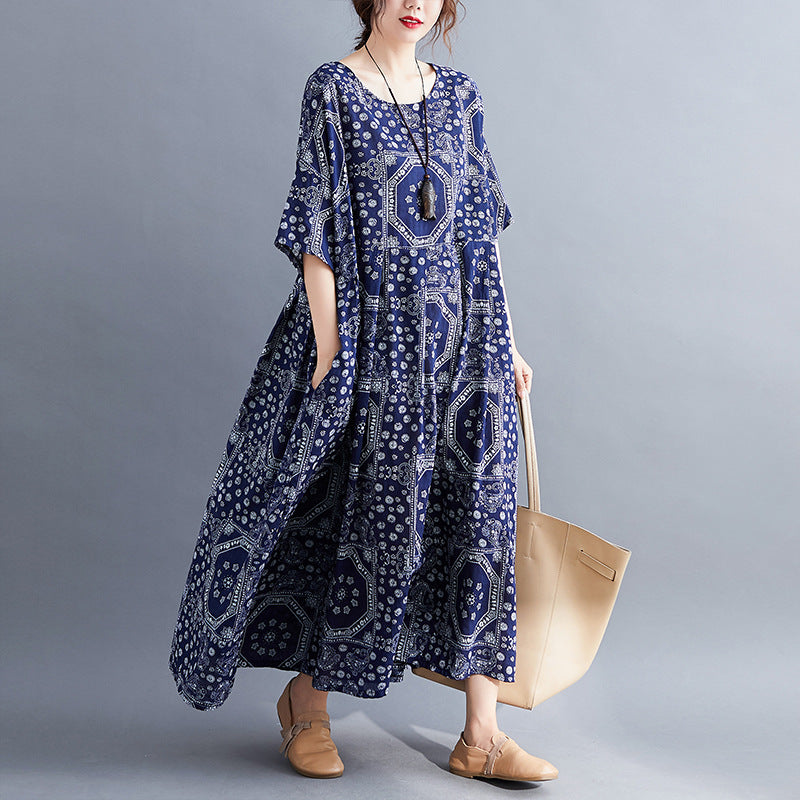 Plus Size Loose Cotton and Linen Print Dress – Omychic