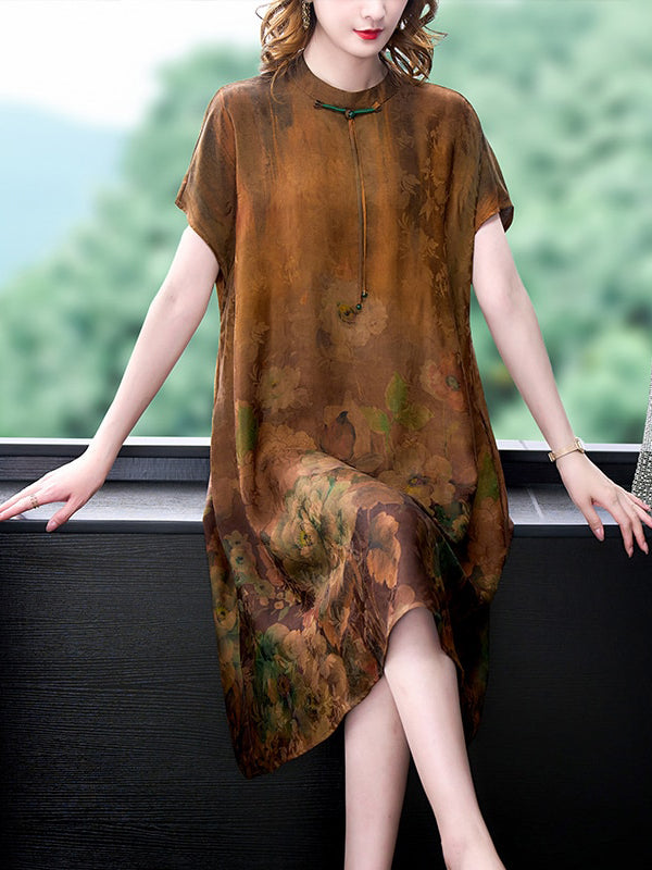 Plus Size Floral Elegant Loose Waist Silk Dress – Omychic