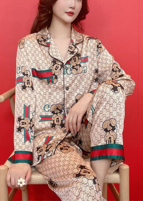 Bohemian Khaki Mickey Print Peter Pan Collar Ice Silk Pajamas Two