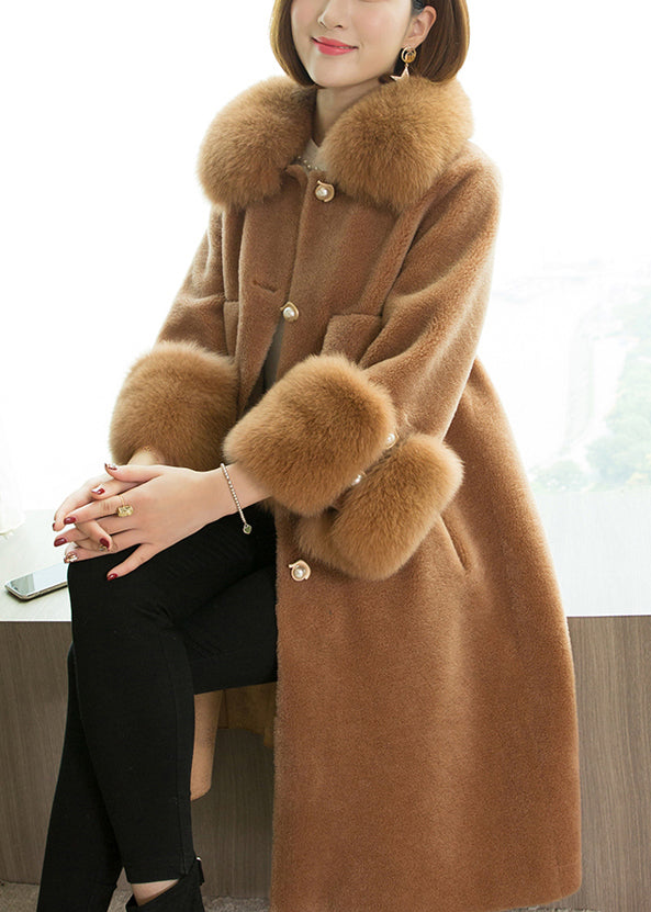 Camel Button Patchwork Teddy Faux Fur Coats Peter Pan Collar Long