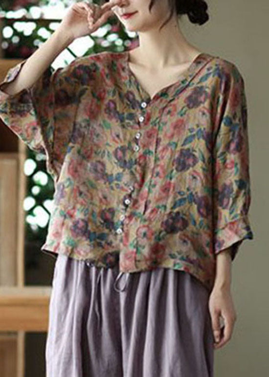 Casual Coffee V Neck Print Linen Shirt Tops Summer – Omychic