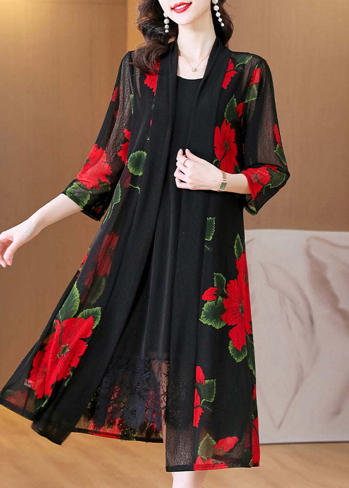 Classic Kimono - Black Chiffon With Floral Prints