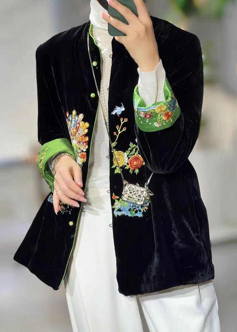 Chinese Style Black Stand Collar Embroideried Patchwork Velour