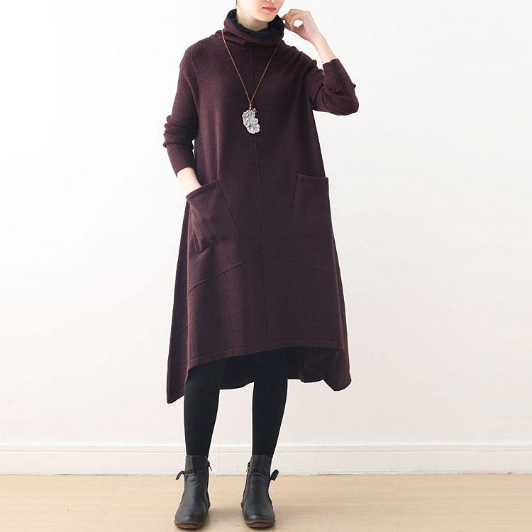 Cute burgundy Sweater dress outfit Moda Ugly spring high neck asymmetr Omychic