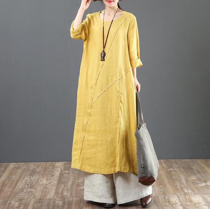 Italian Linen Dresses Fitted Casual Long Sleeve Yellow Spliced Women D –  Omychic
