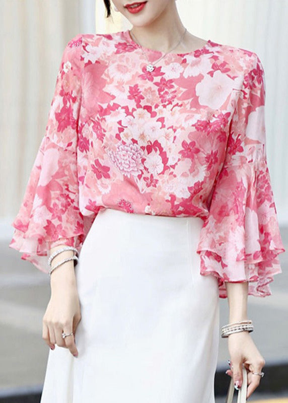 Modern Pink Print Chiffon Shirts Tops Flare Sleeve – Omychic