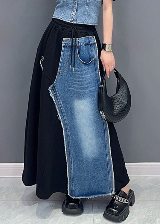 European And American Style Black Zip Up Pockets Patchwork Denim Skirt –  Omychic