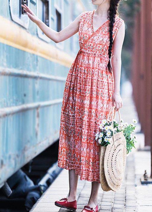 YJ SDL210422 Plus Size Orange Print Cinched Ruffled Summer Linen Dress M Fit for EU 40 42 US 10 12 UK 14 16 AU 12 14