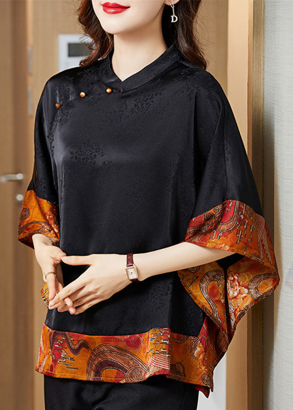 Vintage Black Mandarin Collar Asymmetrical Patchwork Jacquard Silk
