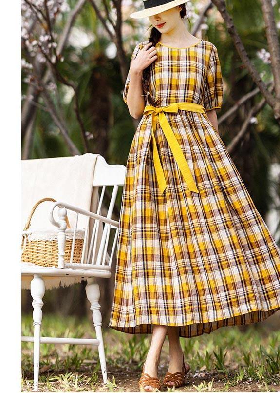 Italian Linen Dresses Fitted Casual Long Sleeve Yellow Spliced