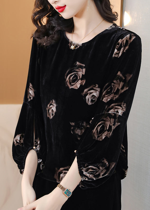 Women Black O Neck Print Velour Tops Lantern Sleeve – Omychic