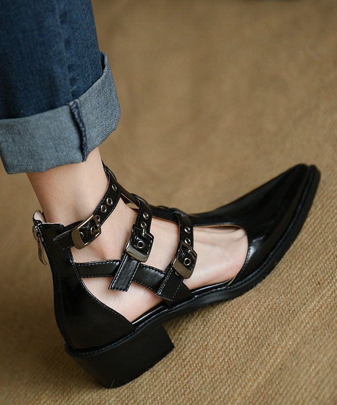 Womens Cutout Ankle Boots Buckle Strap Pointed Toe