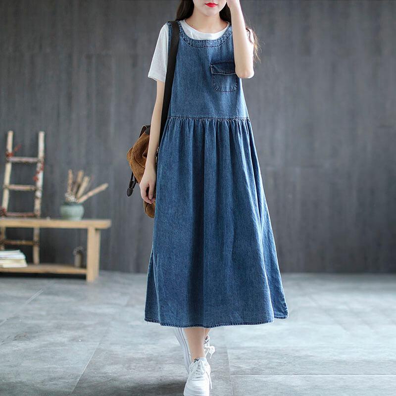 Ladies denim pinafore outlet dress plus size