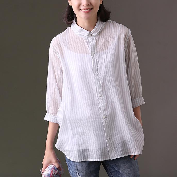 women white cotton tops plus size clothing shirts Elegant big pockets  asymmetric hem cotton shirts