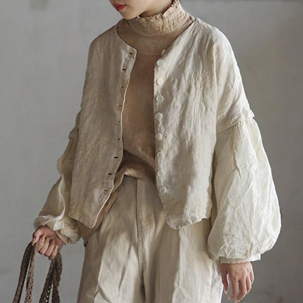 Ladies Woolen Coat Lantern Sleeve Loose Button Elegant Outwear Mid Length  Jacket