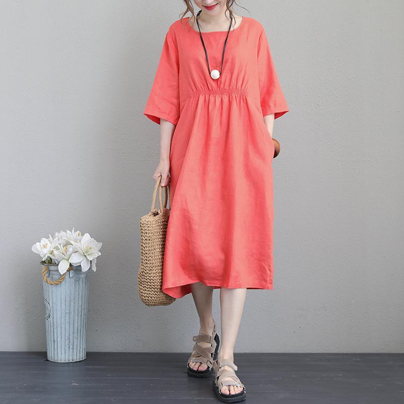 New orange long linen dresses plus size clothing layered cotton dresse –  Omychic