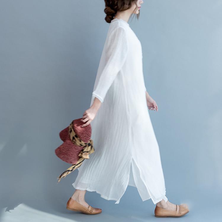 stylish white cotton linen dress plus size v neck tie waist gown women –  Omychic