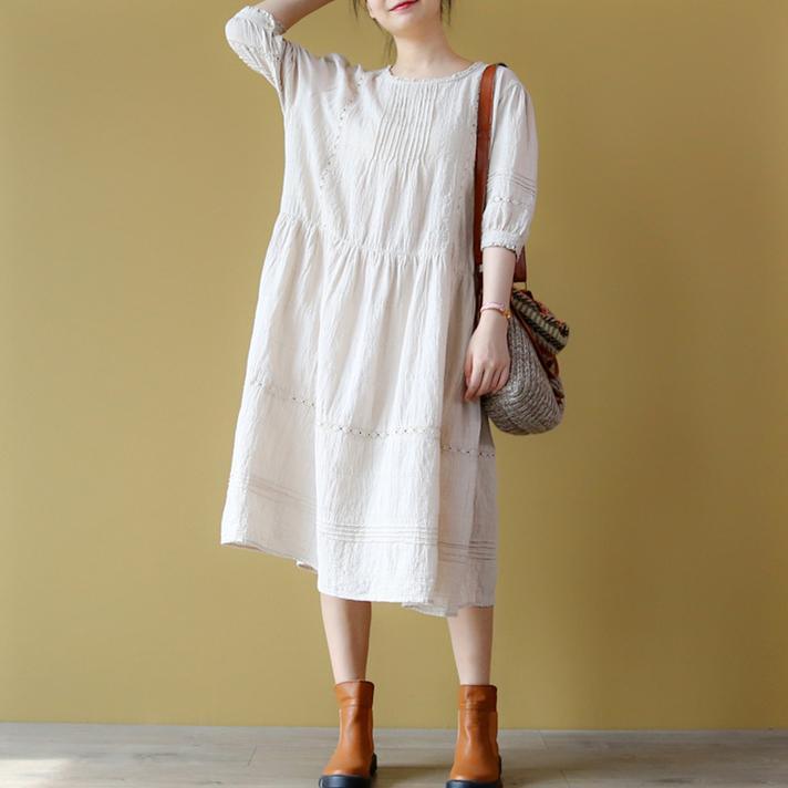 Stylish Nude Linen Dress Plus Size Clothing Wrinkled Cotton