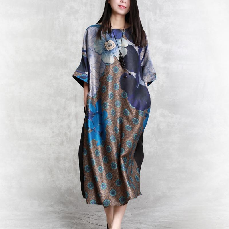 women blue prints natural silk dress plus size side open silk clothing –  Omychic