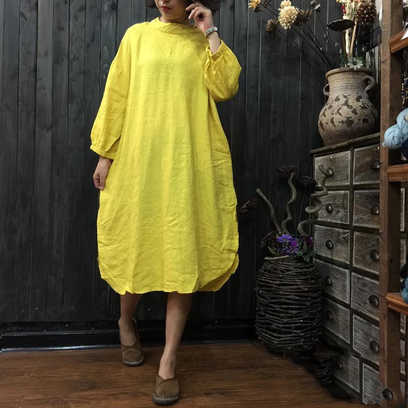 Italian Linen Dresses Fitted Casual Long Sleeve Yellow Spliced