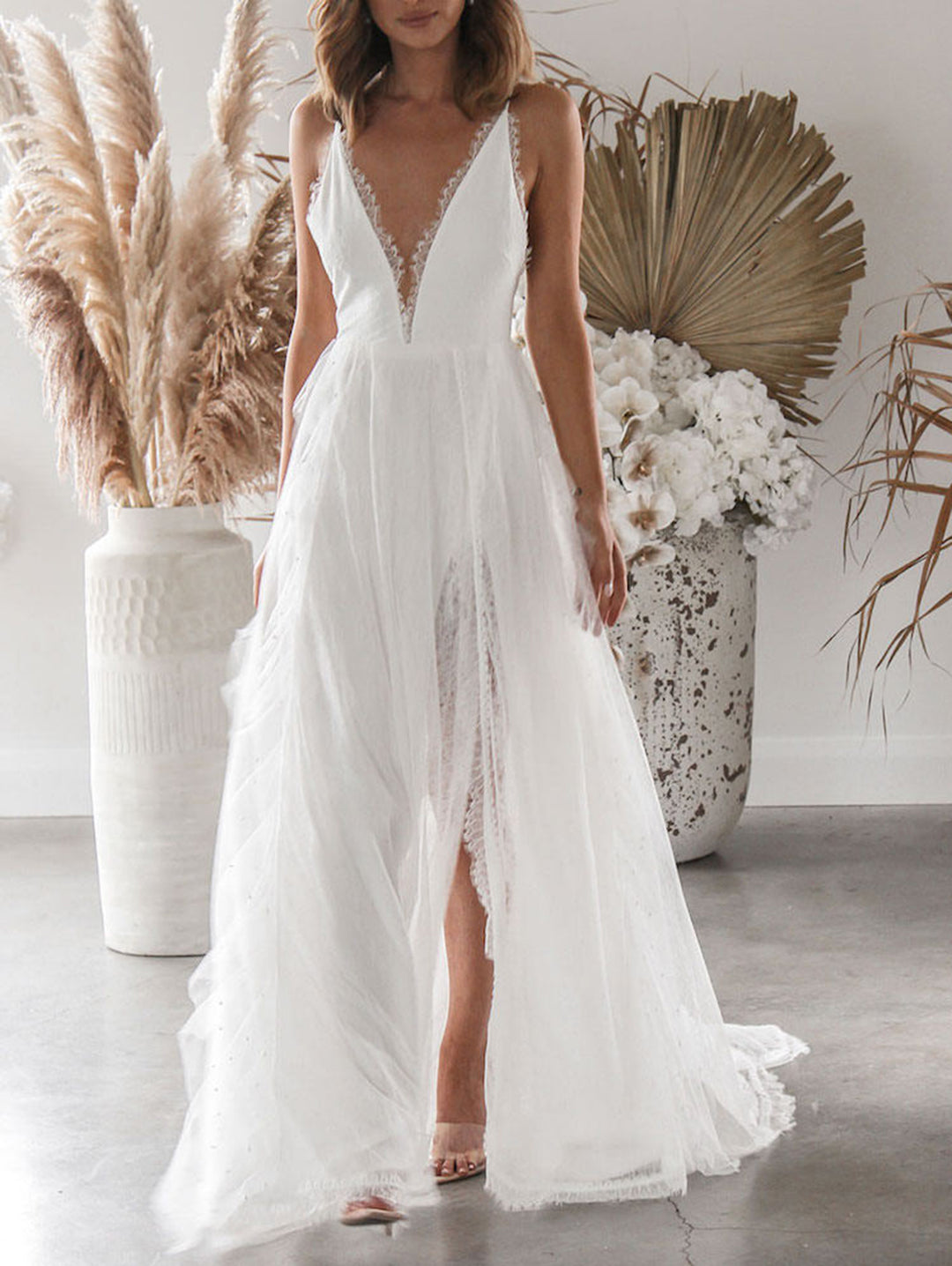 White Wedding Deep V Neck Backless Lace Split Maxi Dress