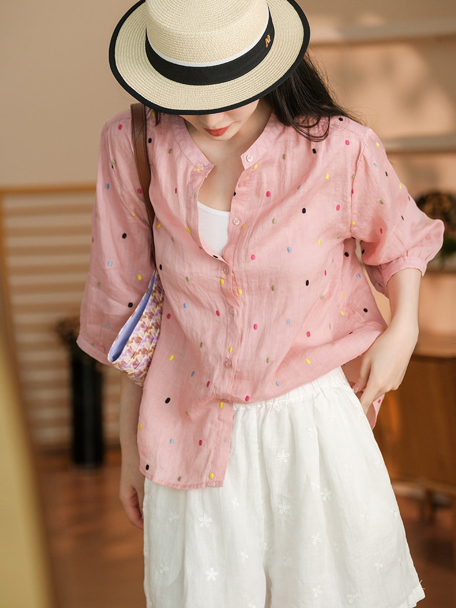 Summer Artsy Colorful Dot Button-up Ramie Shirt