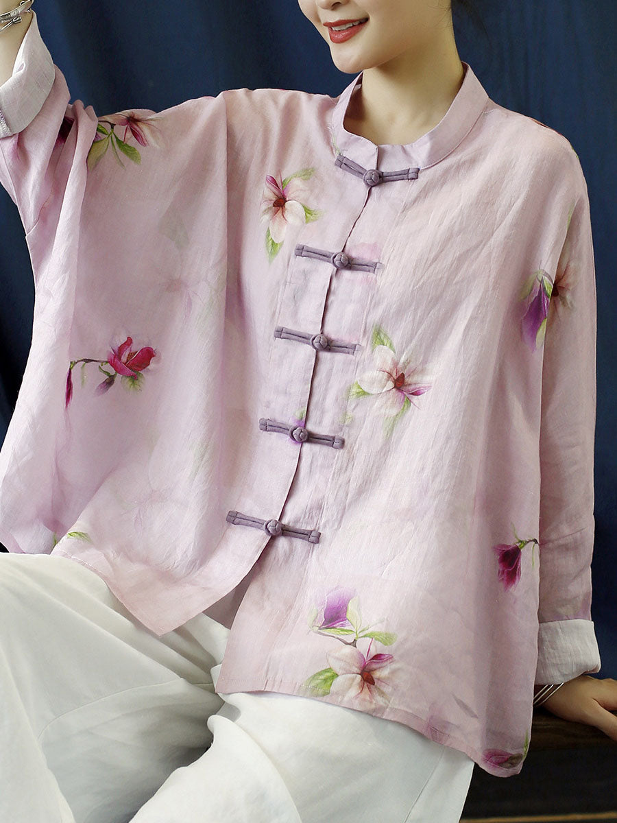 Plus Size Pink Flower Print Ramie Shirt Coat