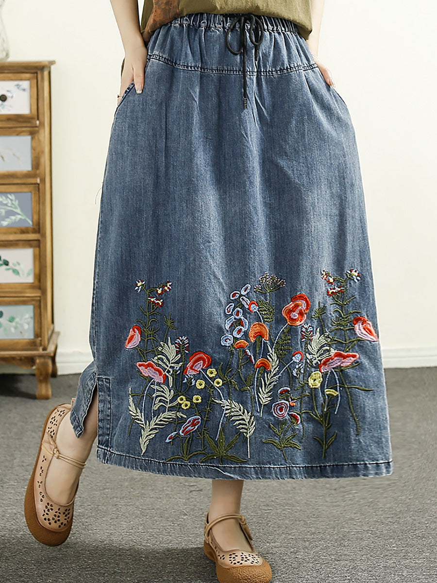 Casual Summer Artsy Embroidery Denim A-Shape Skirt