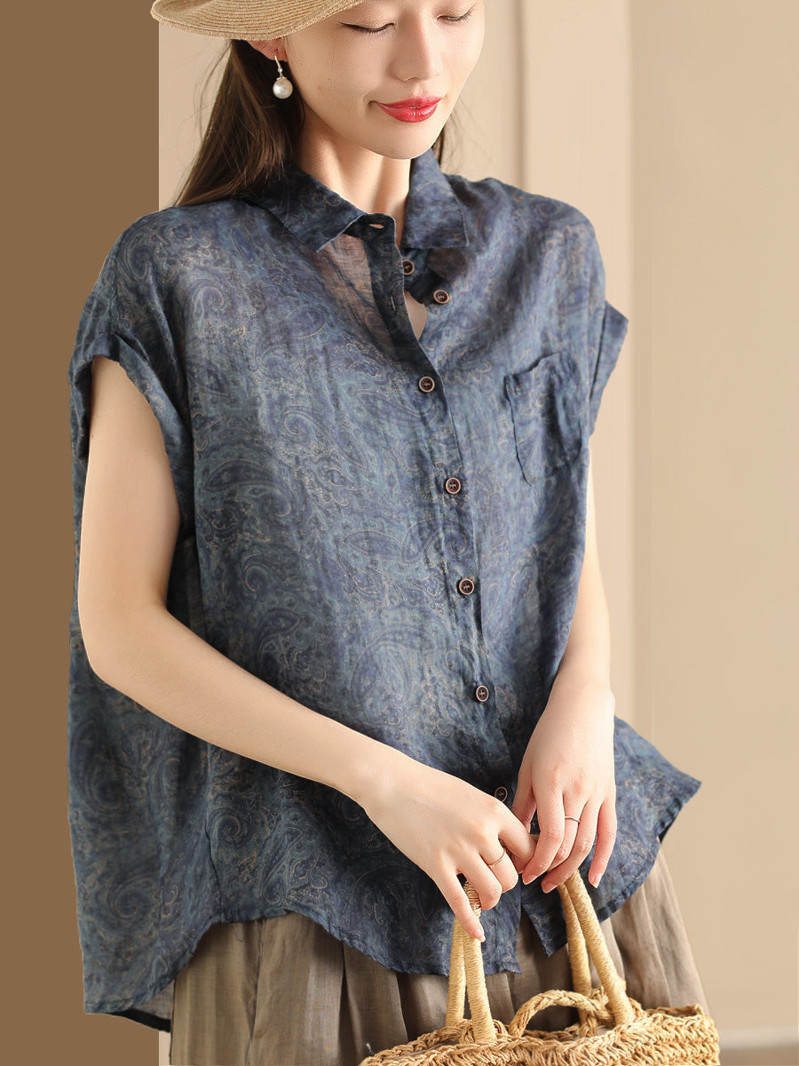 Casual Retro Flower Button-up Ramie Shirt Short Sleeve