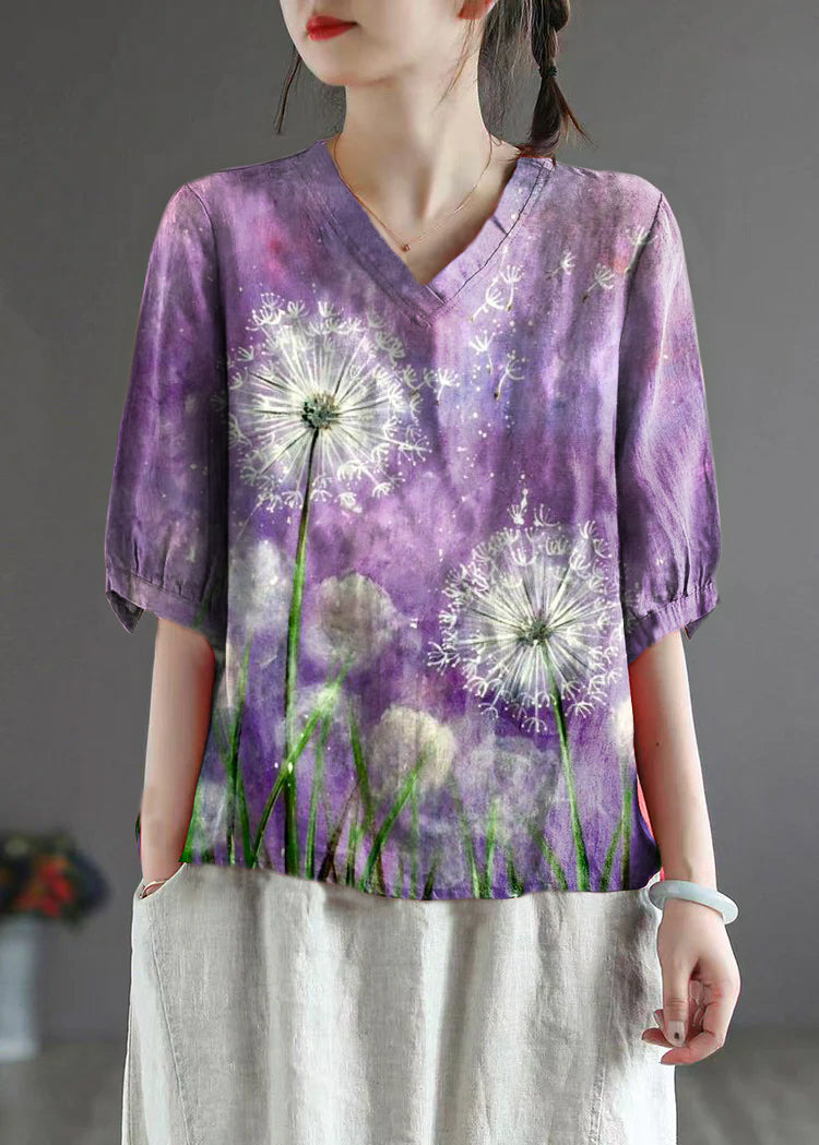 Vintage Purple Dandelion V Neck Embroidered Top Half Sleeve