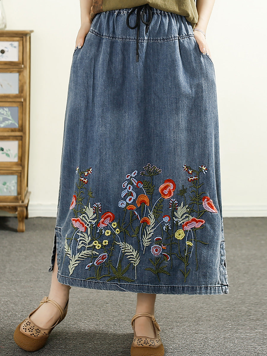 Casual Summer Artsy Embroidery Denim A-Shape Skirt