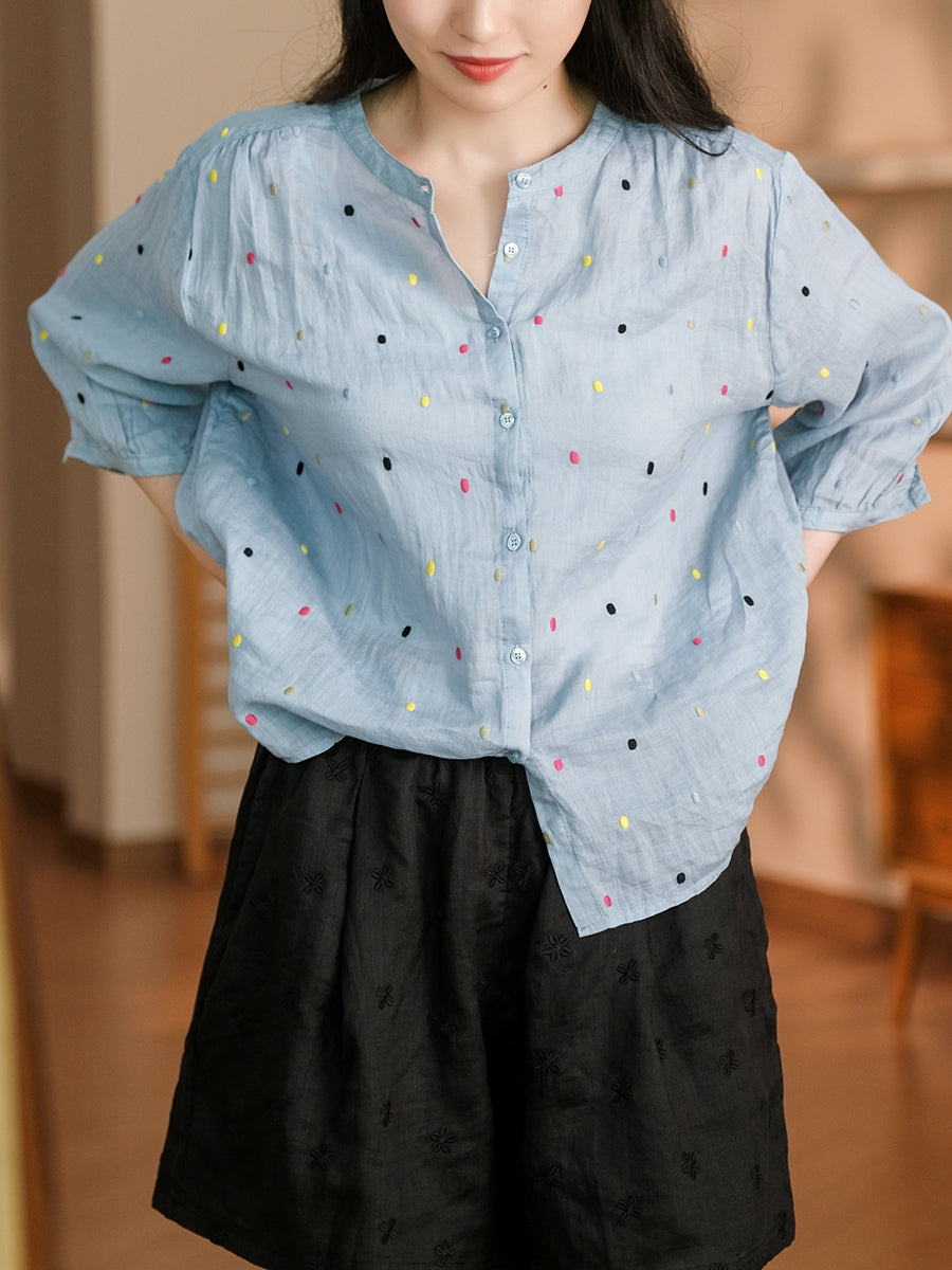 Summer Artsy Colorful Dot Button-up Ramie Shirt