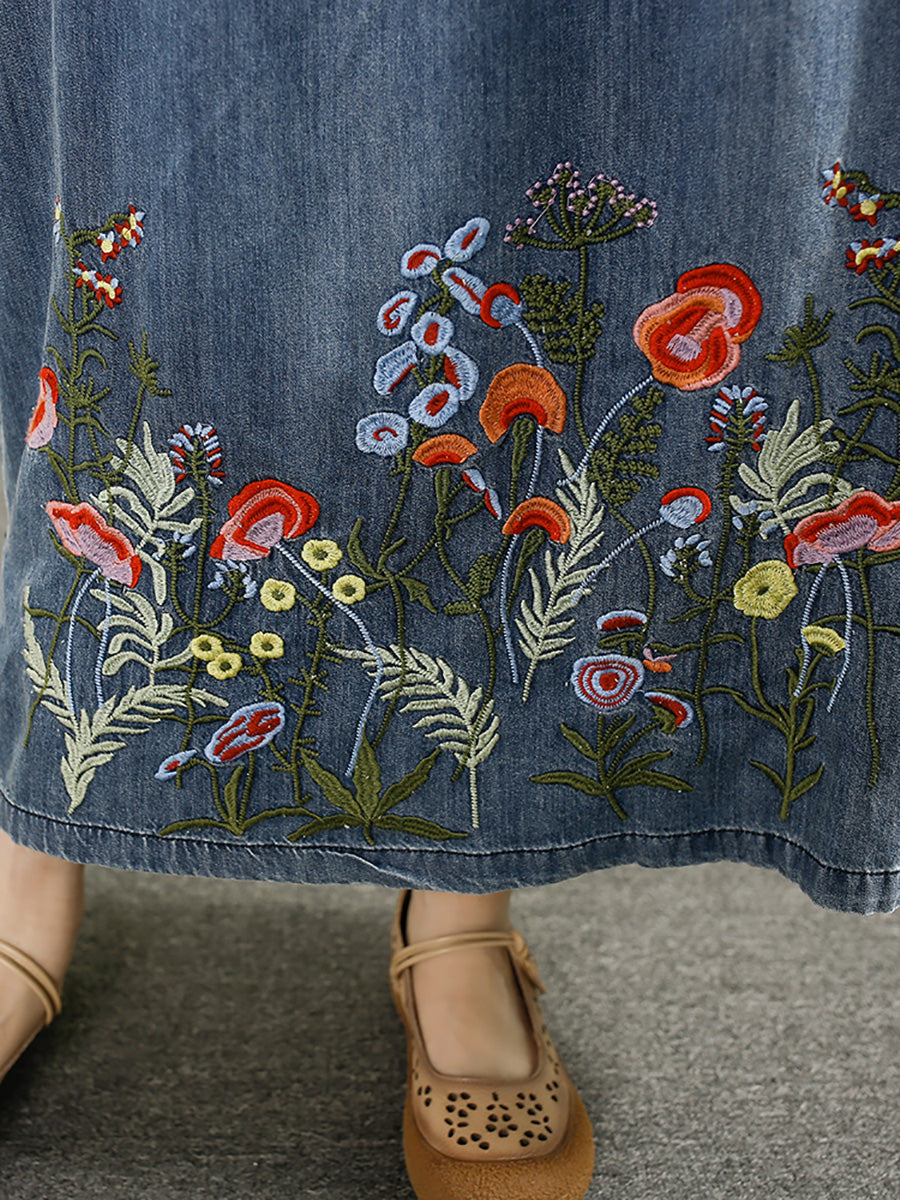 Casual Summer Artsy Embroidery Denim A-Shape Skirt