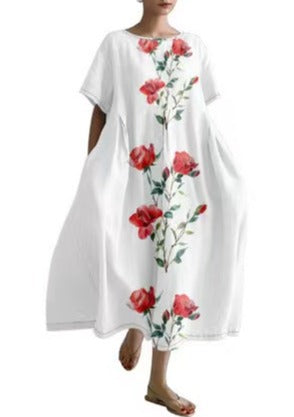 Red Rose Cotton Dresses Pockets Patchwork Summer