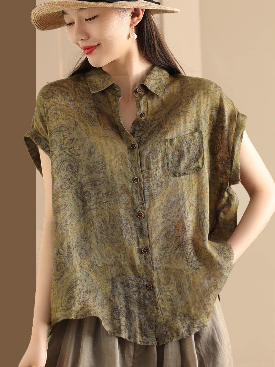 Casual Retro Flower Button-up Ramie Shirt Short Sleeve