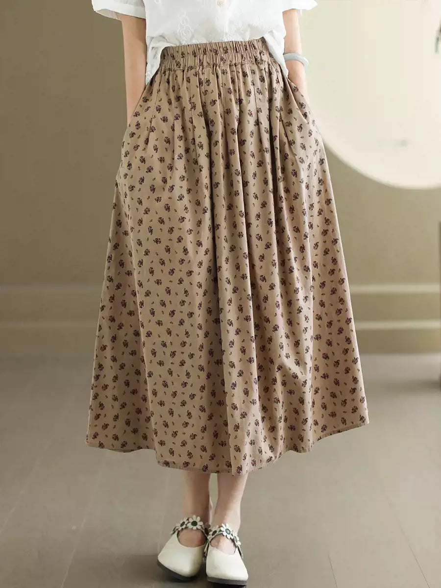 Coffee Women Retro A-line Floral Skirt