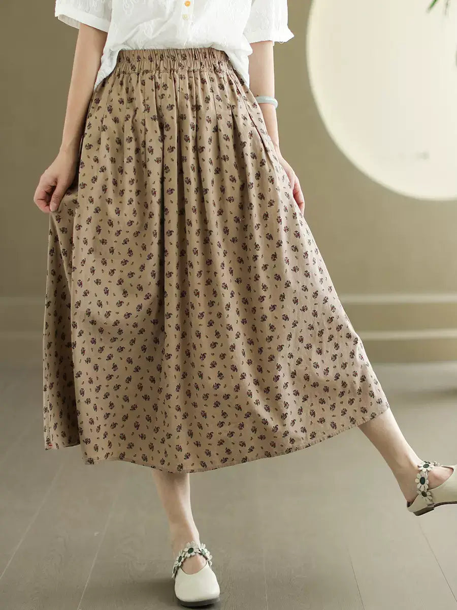 Coffee Women Retro A-line Floral Skirt