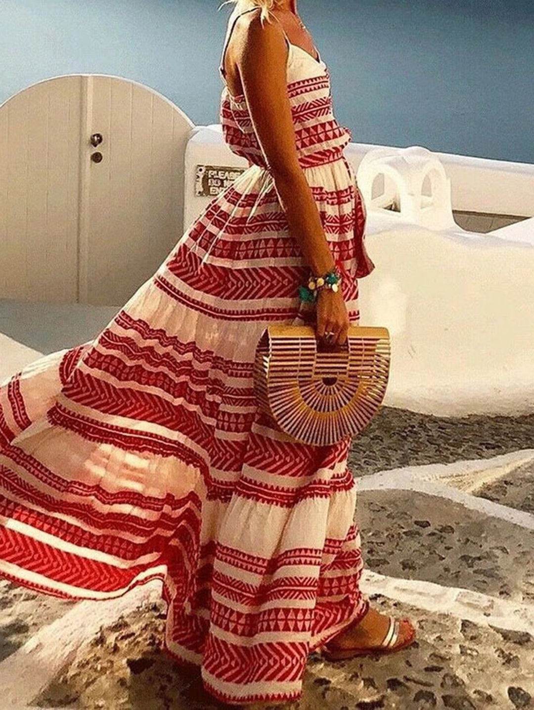 Red Boho Geo Pattern V Neck Maxi Dress