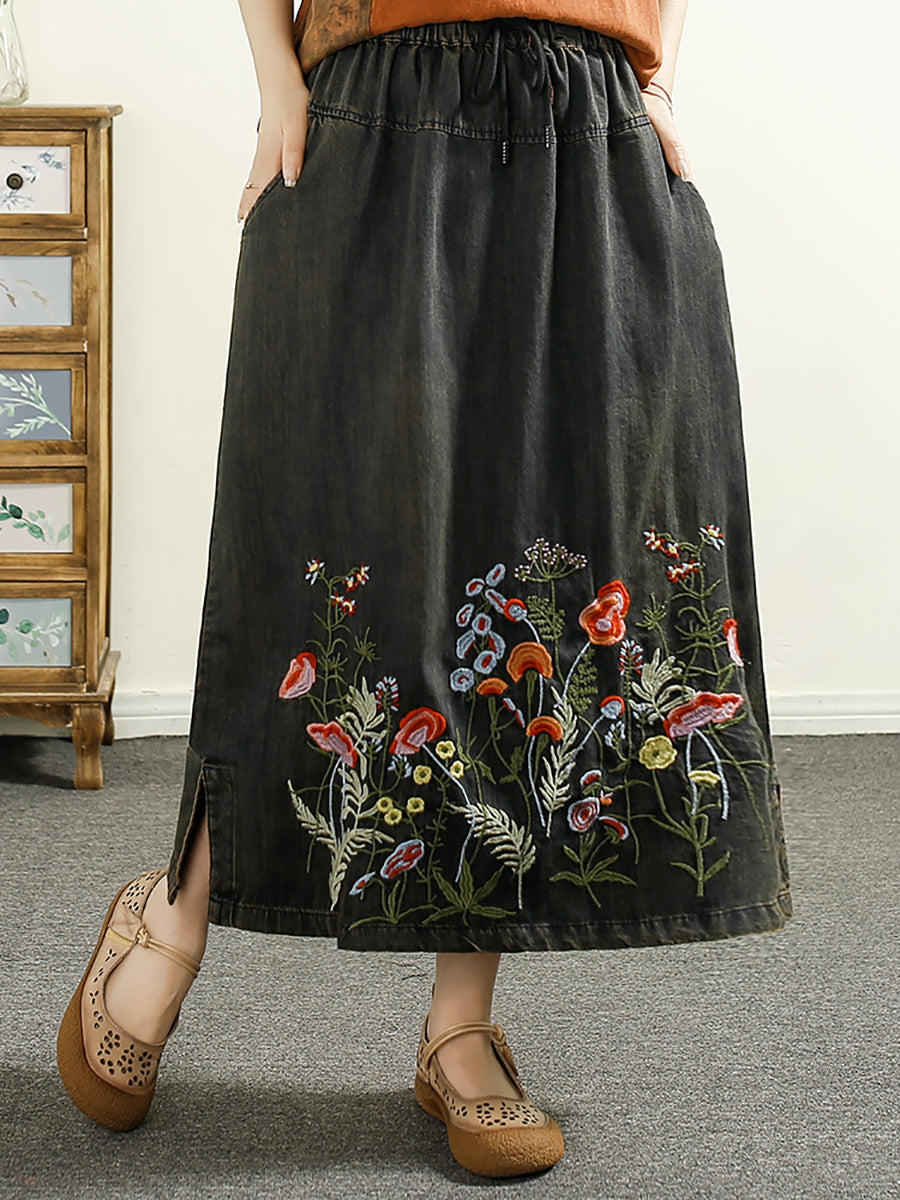 Casual Summer Artsy Embroidery Denim A-Shape Skirt