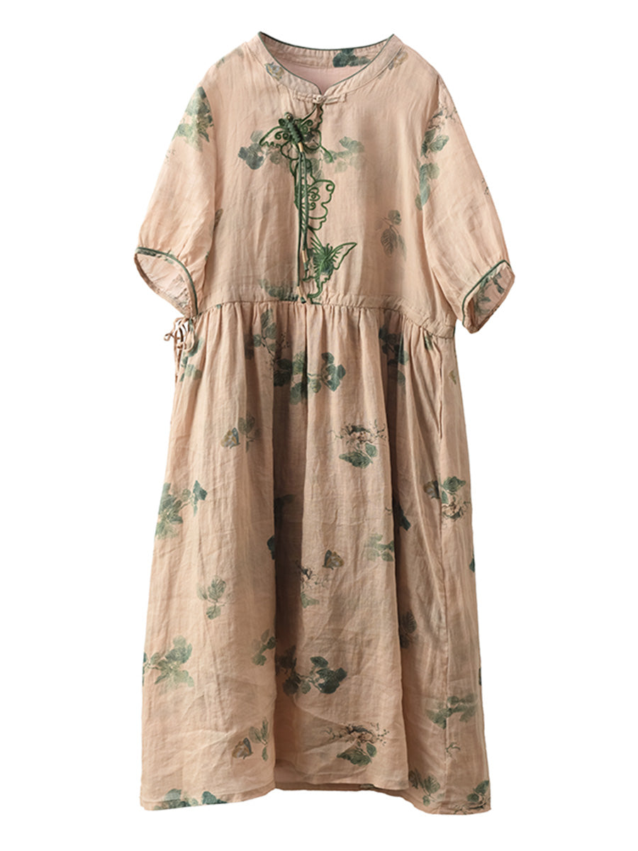 Vintage Casual Butterfly Embroidery Ramie Dress Half Sleeve