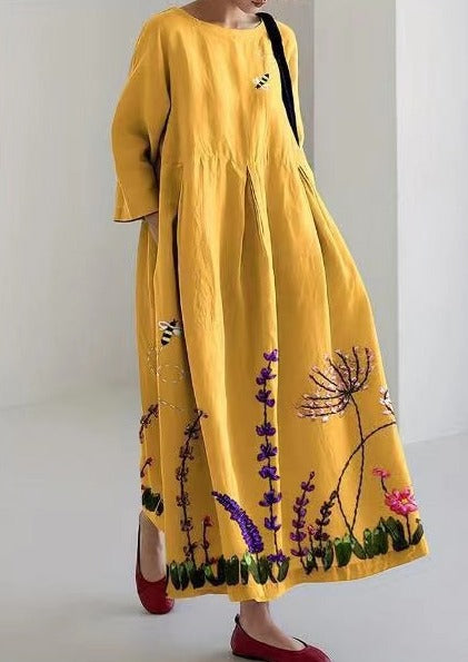 Yellow Floral Dresses Pockets Patchwork Summer