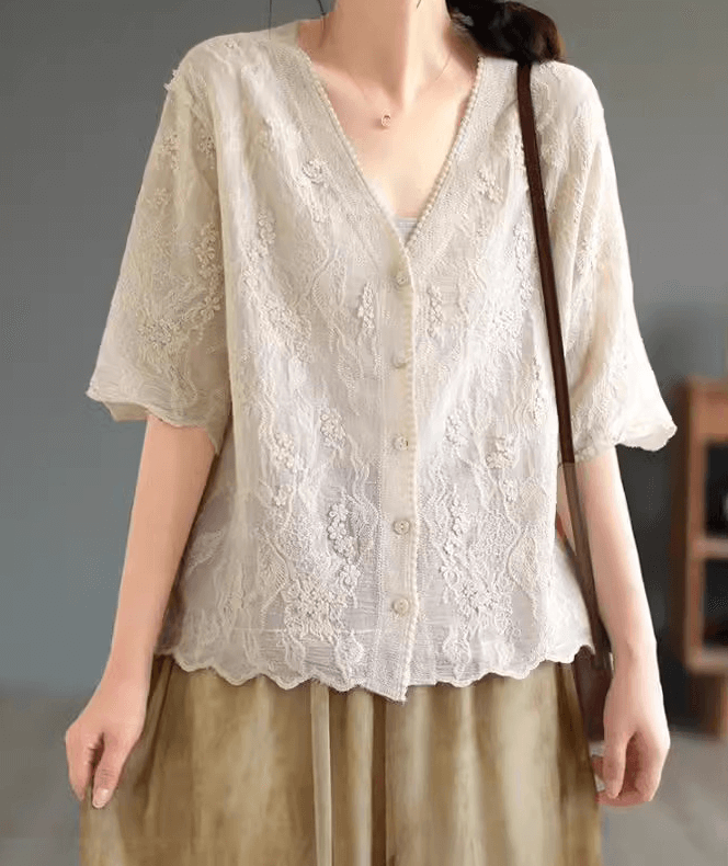 Beige Women Ethereal Lace Blouse Short Sleeve