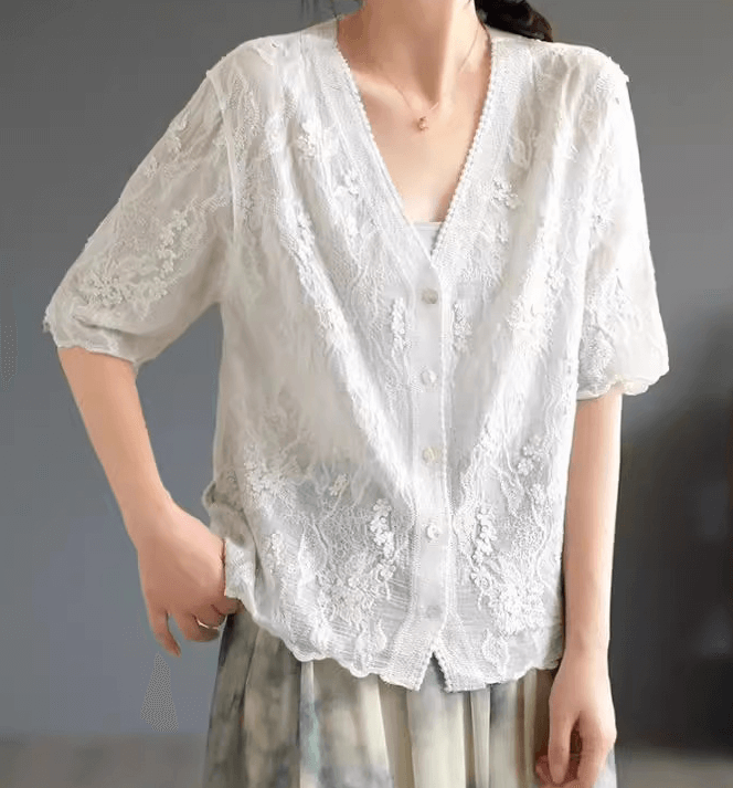 Beige Women Ethereal Lace Blouse Short Sleeve