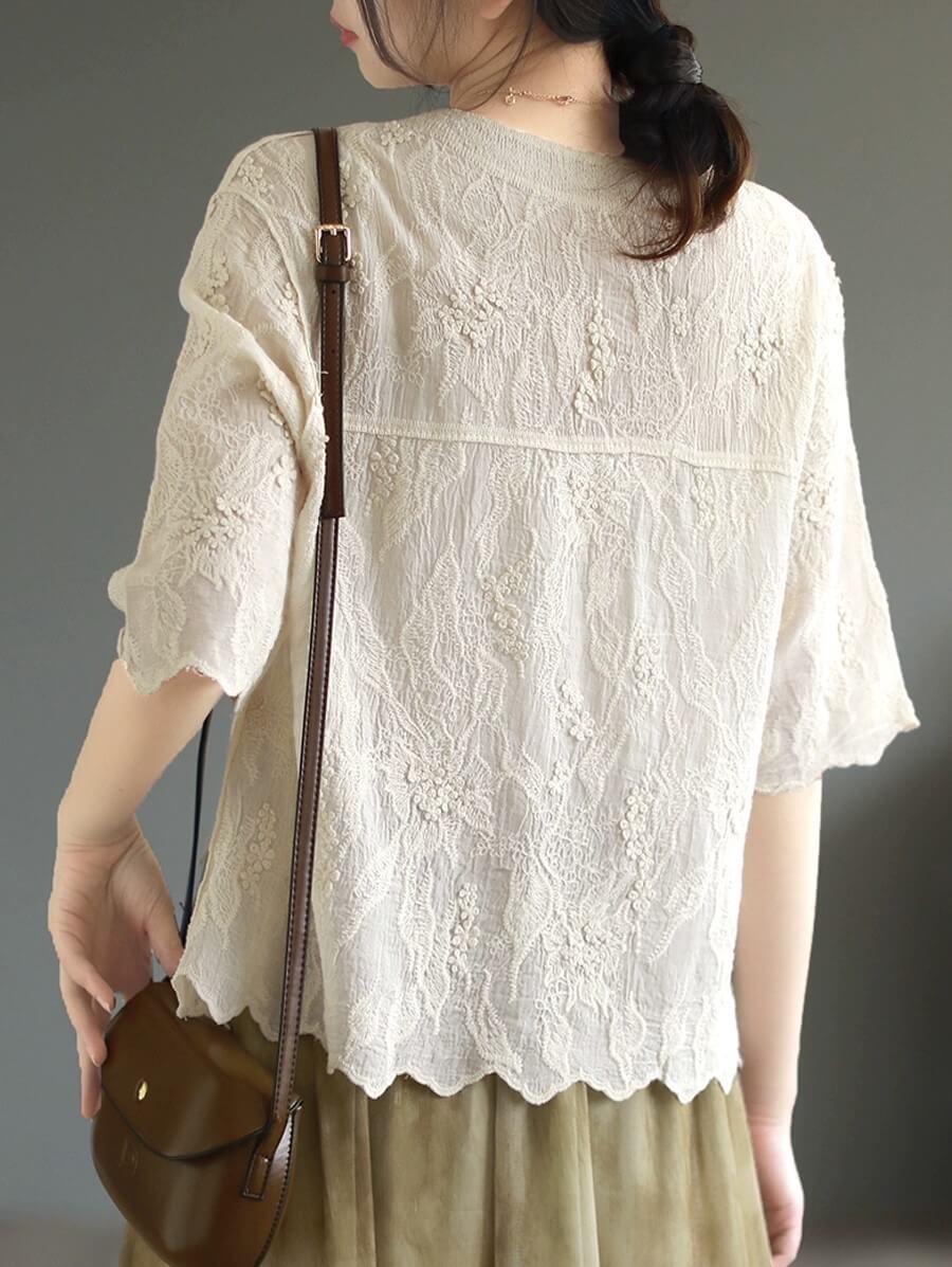 Beige Women Ethereal Lace Blouse Short Sleeve