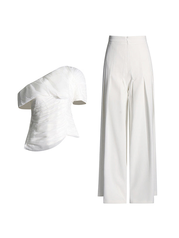 Loose Pleated Solid Color Asymmetric One-Shoulder T-Shirt Top + High Waisted Zipper Pants Bottom Two Pieces Set