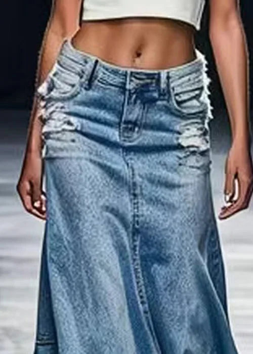 New Blue Hole Pockets High Waist Denim Maxi Skirts