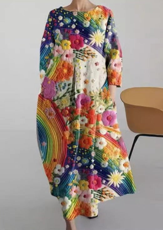 Colorful Flower Cotton Dresses Pockets Patchwork Summer