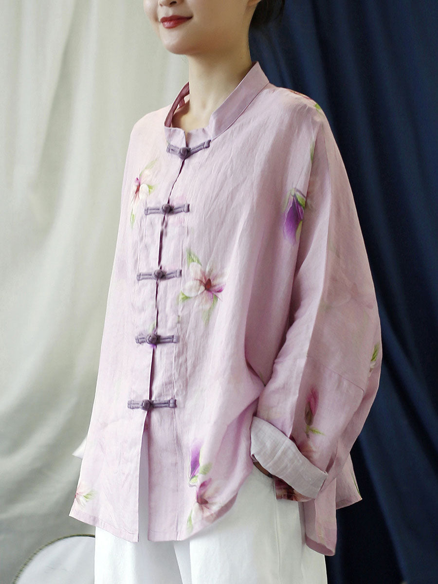 Plus Size Pink Flower Print Ramie Shirt Coat