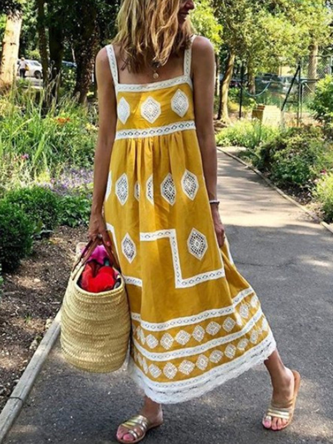 Yellow Square Neck Boho Print Tank Maxi Dress