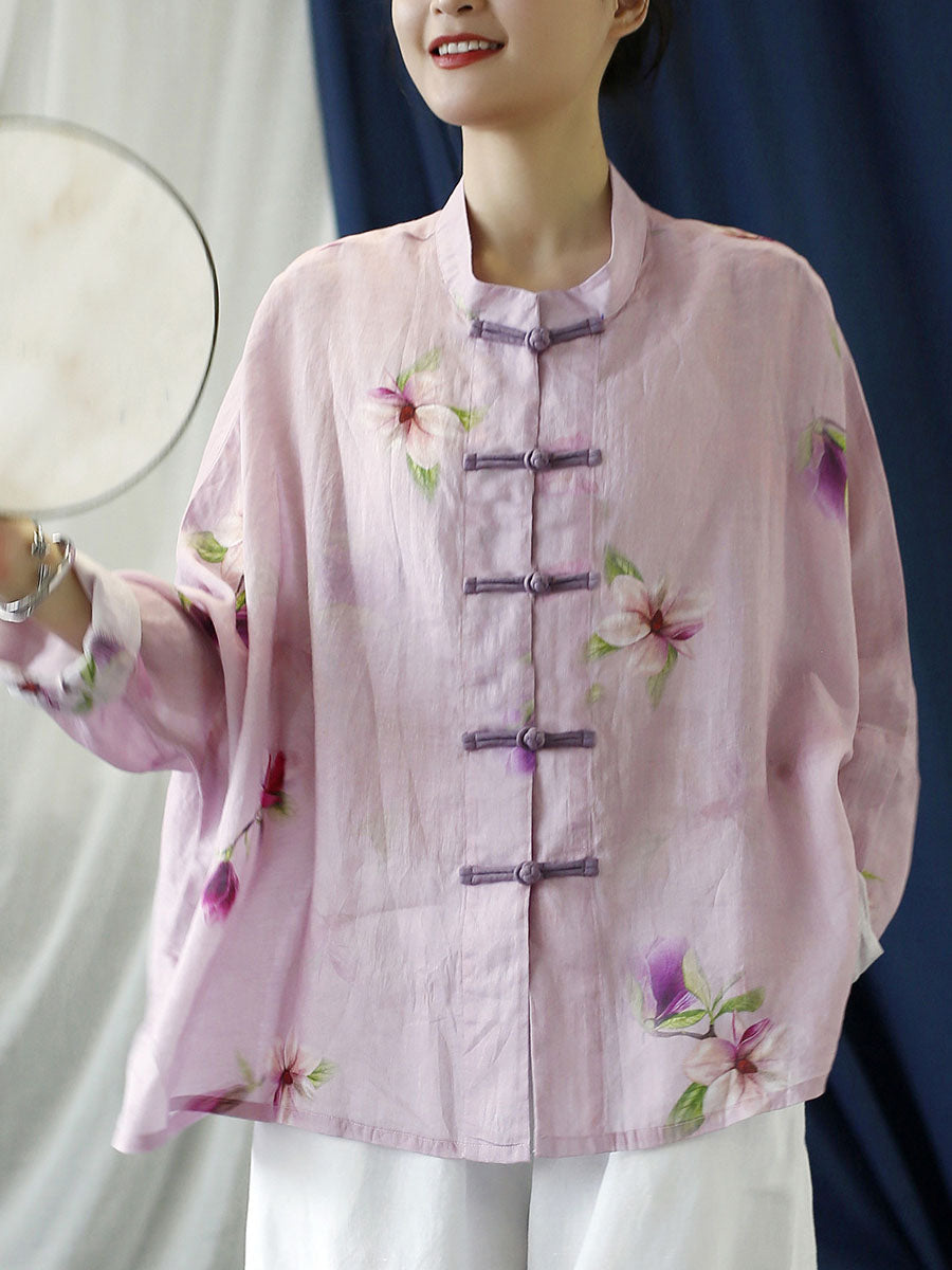 Plus Size Pink Flower Print Ramie Shirt Coat